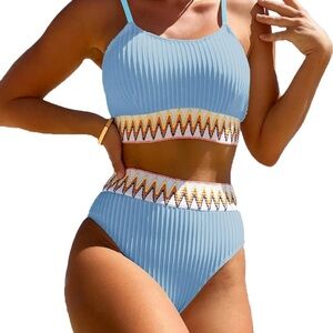 Blue Ribbed One Piece Swimsuit with Waist Detail